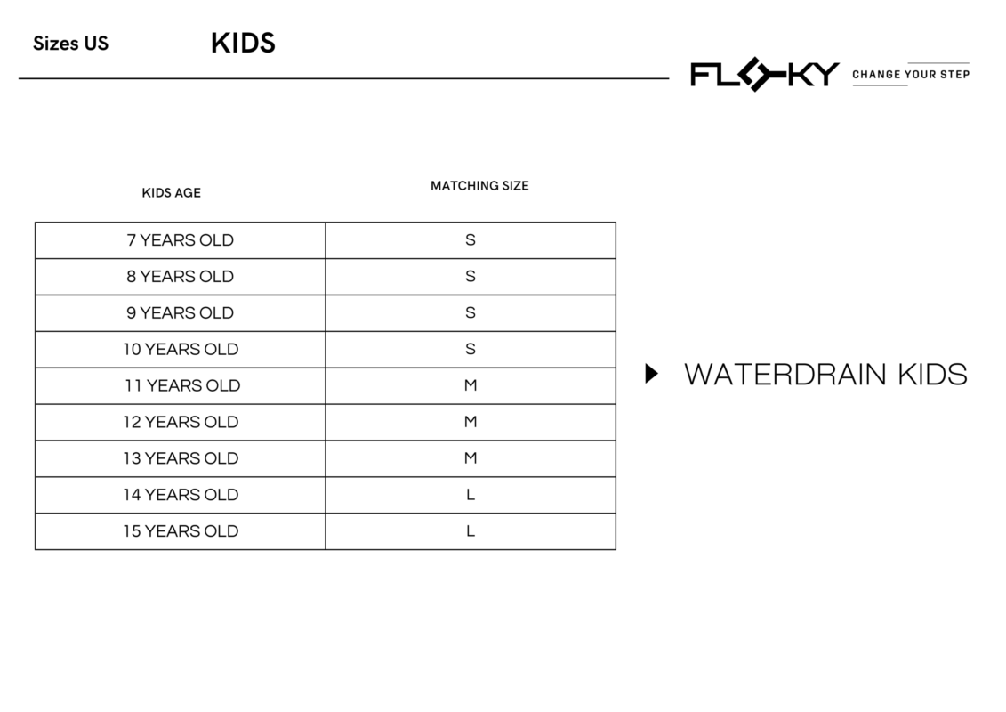 Floky SA - Waterdrain Kid Sock - Size Chart