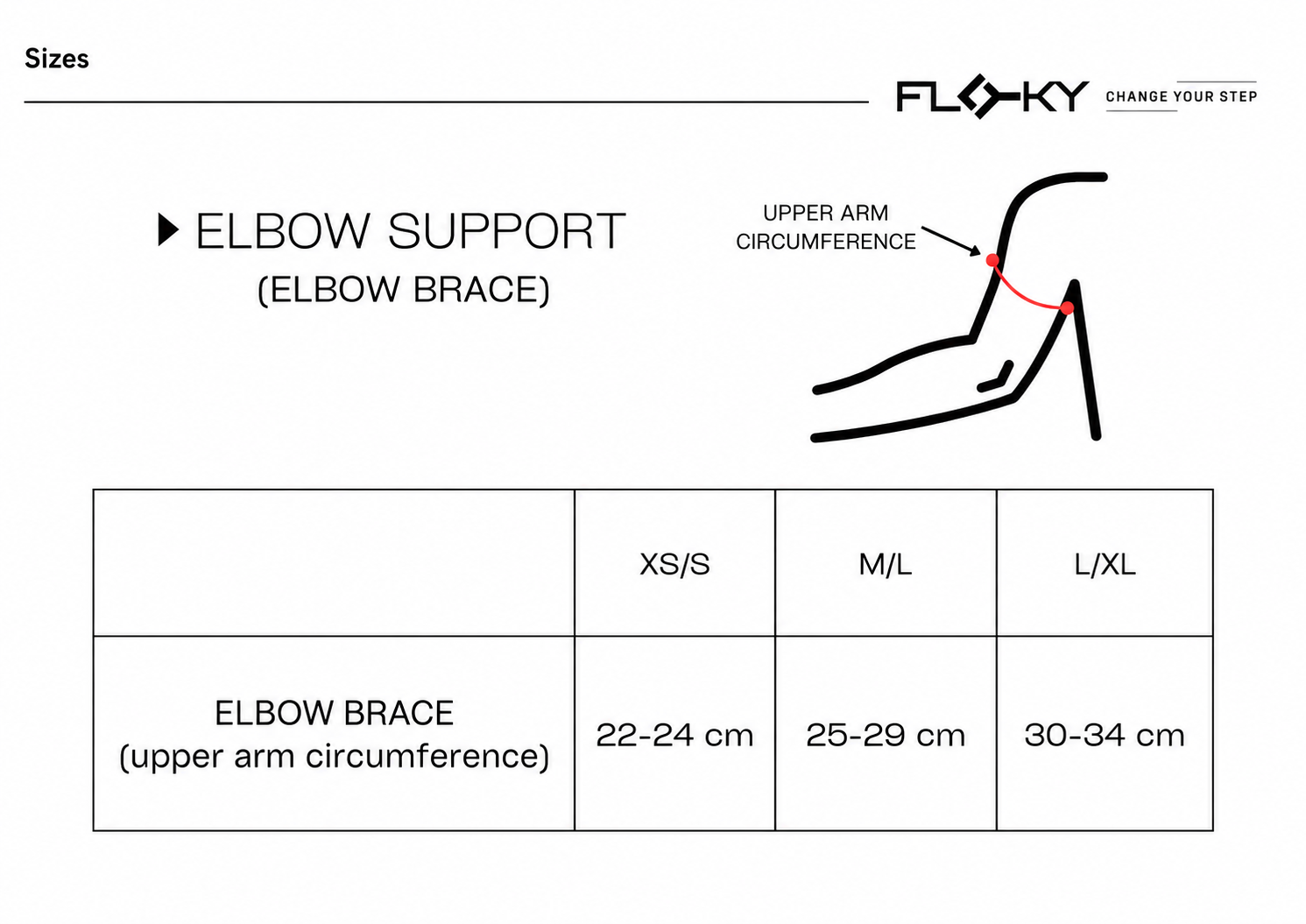 ELBOW Support size chart: upper arm circumference XS/S 22–24 cm, M/L 25–29 cm, L/XL 30–34 cm