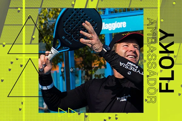 FLOKY ambassador Marcelo Capitani raising his padel racket